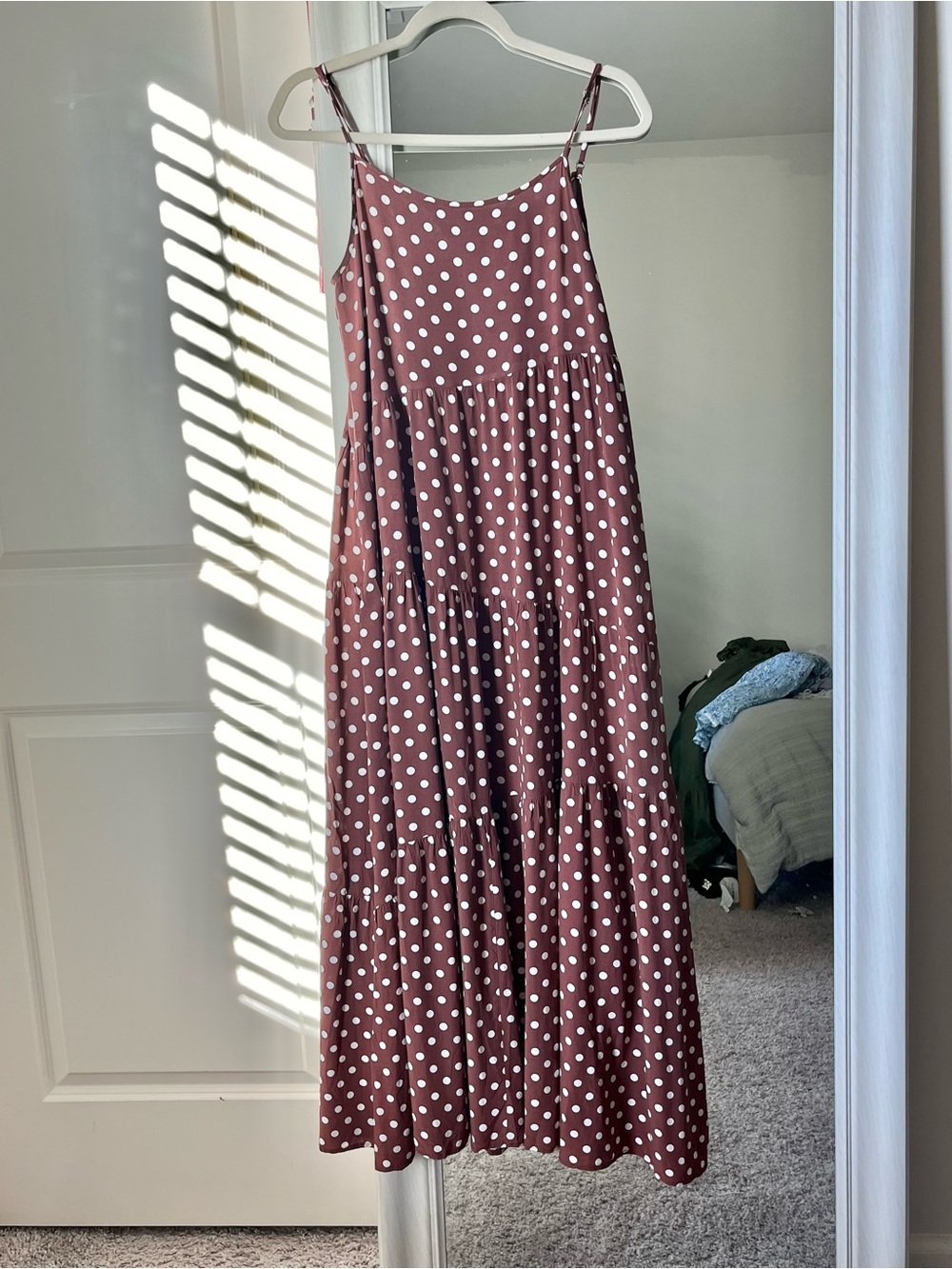 Sleeveless Polka Dot Tiered Maxi Dress - Brown with White Dots